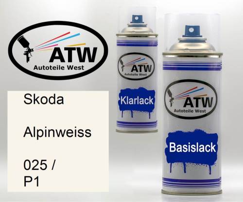 Skoda, Alpinweiss, 025 / P1: 400ml Sprühdose + 400ml Klarlack - Set, von ATW Autoteile West.